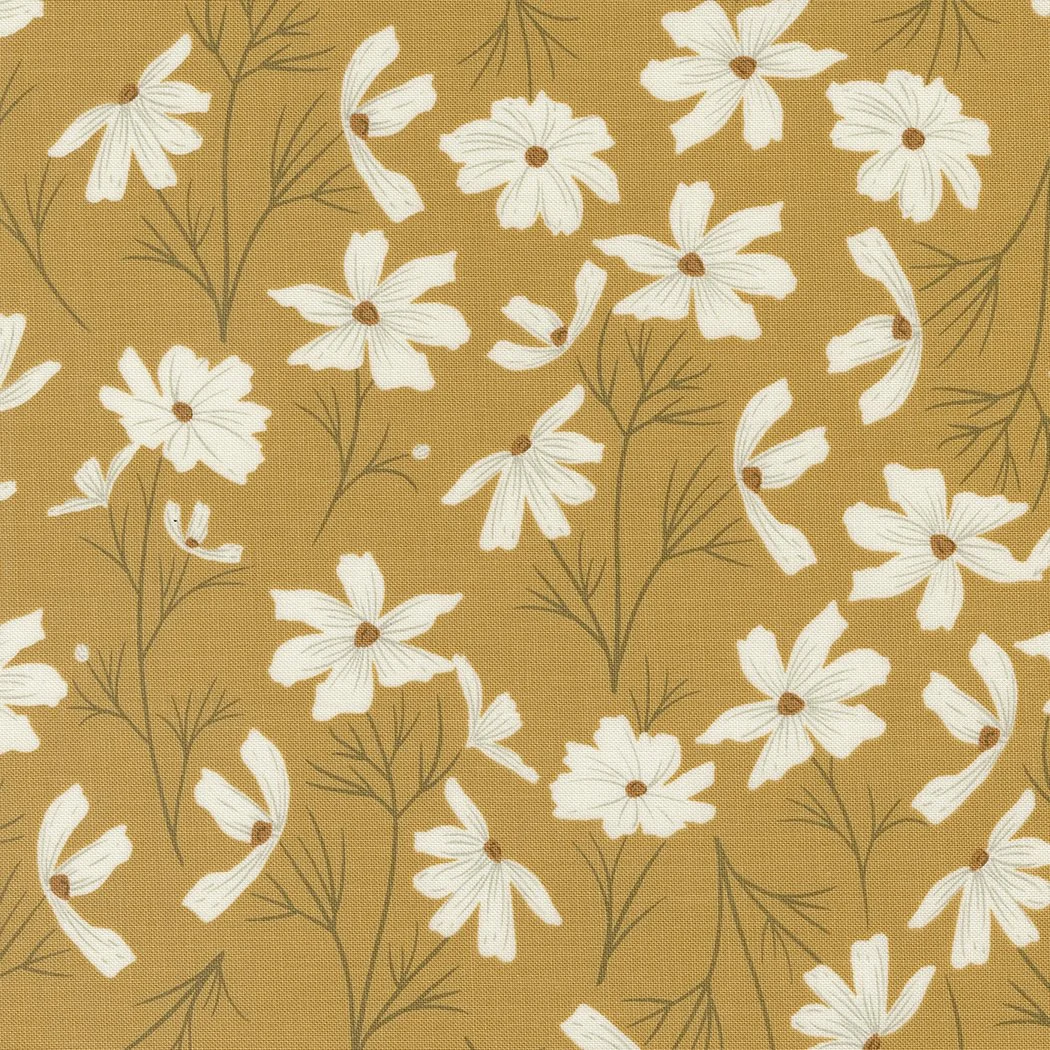 A fabric pattern with white daisies and green stems on a mustard yellow background.