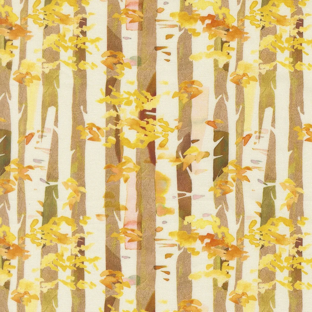 Watercolor painting of a forest with tall trees and yellow autumn leaves.