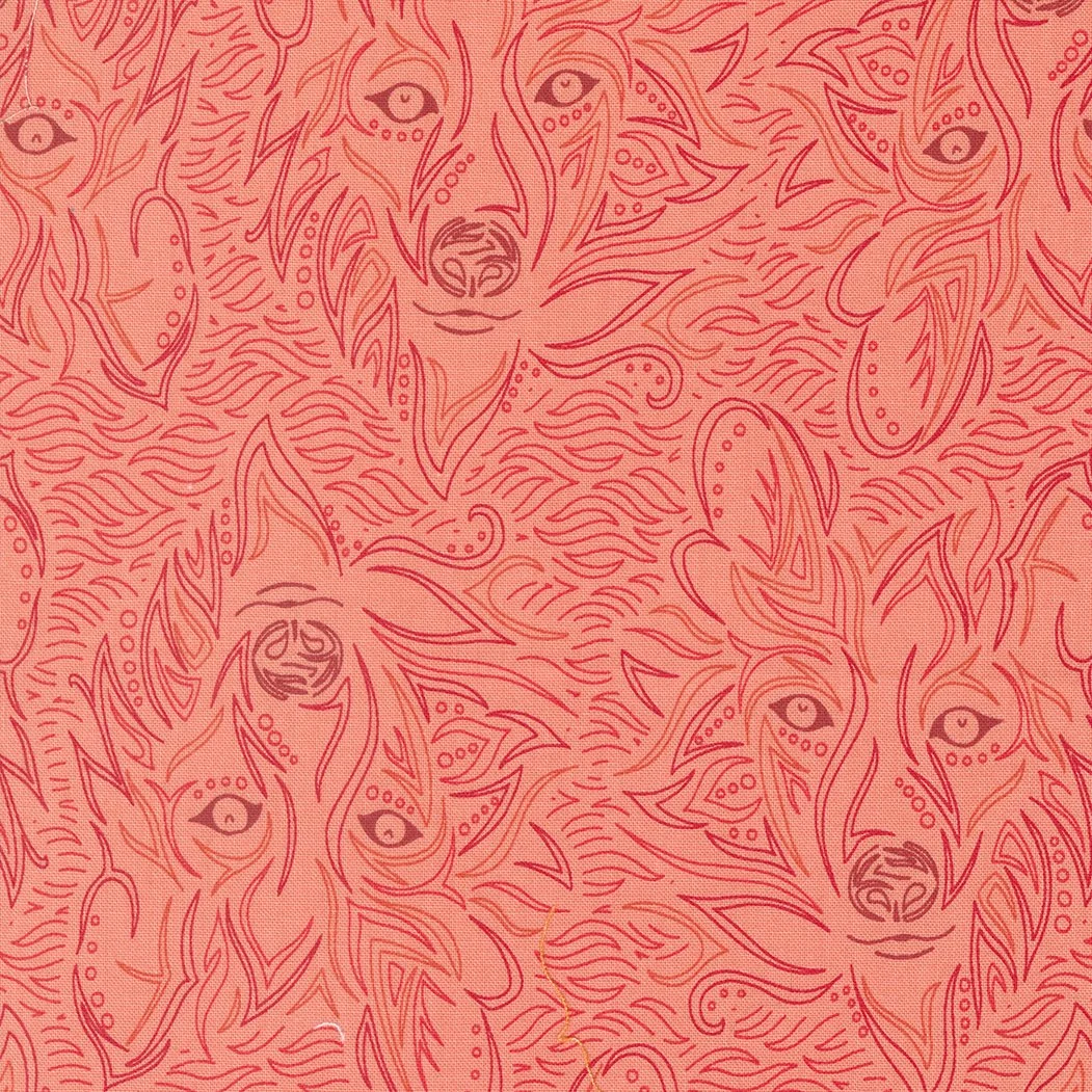 Pattern featuring stylized line drawings of wolf faces integrated with abstract swirls and shapes, all in shades of pink and coral.