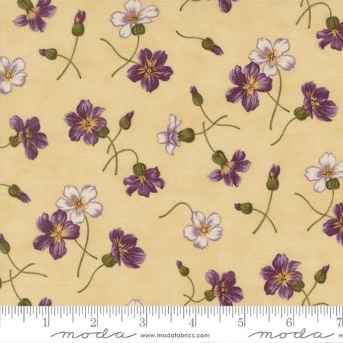 Yellow fabric with purple and white floral pattern, including flower buds and green stems.