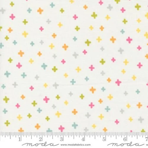 Pattern of small plus signs in pink, orange, yellow, teal, and gray on white background.