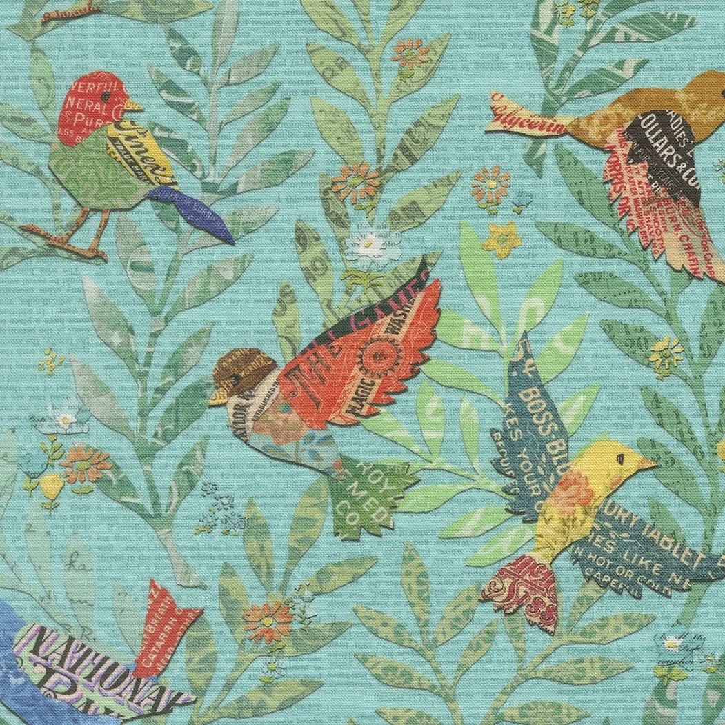 Pattern of colorful birds and green leaves with some flowers and text on a light blue background.