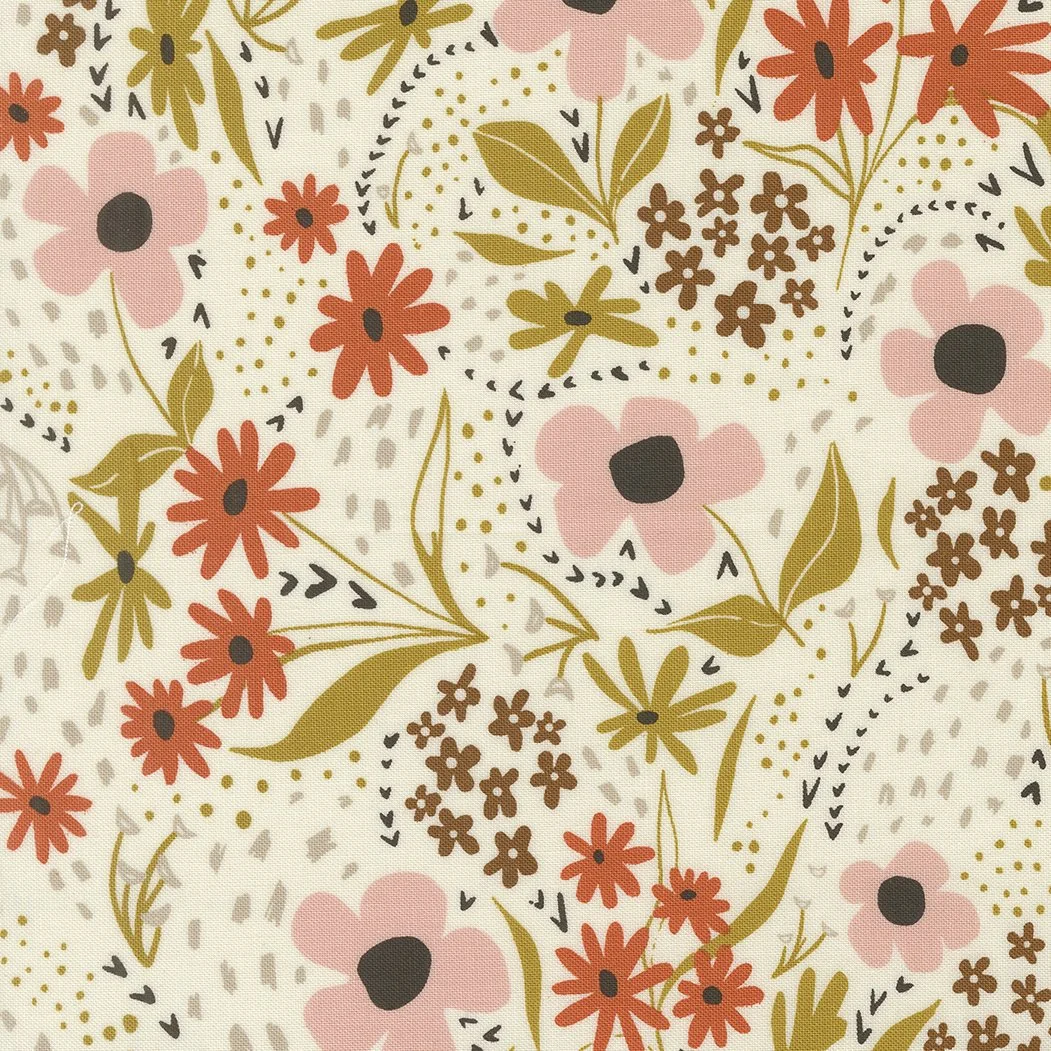Floral pattern with pink flowers, red daisies, small brown flowers, green leaves, and scattered black, gray, and yellow dots on a white background.