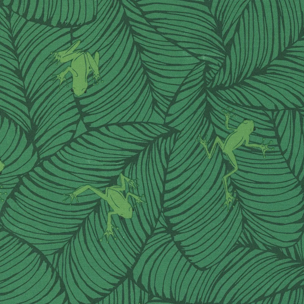 Pattern of green tropical leaves with small green frogs scattered throughout.