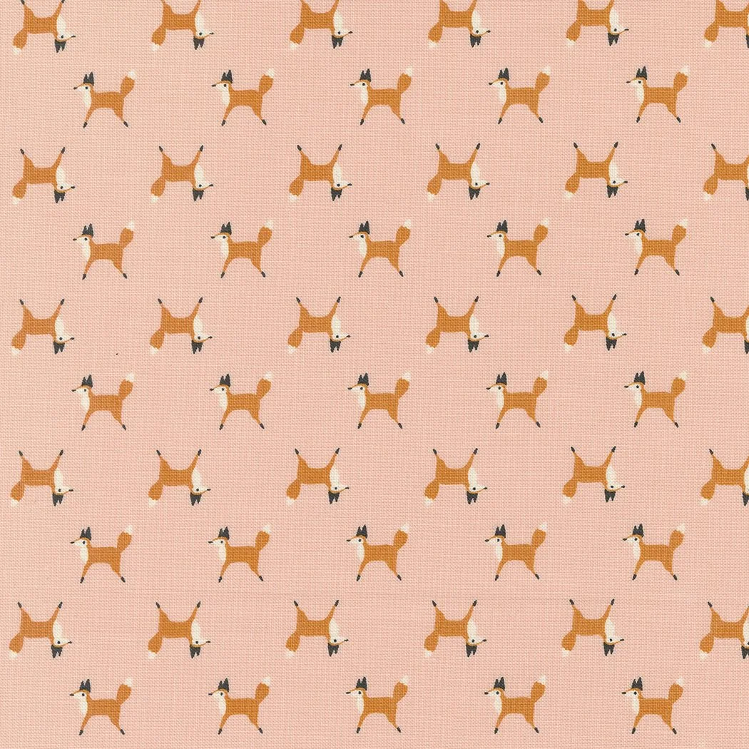 Pattern of cartoon dogs with orange bodies, black ears, and white tails on a pink background.