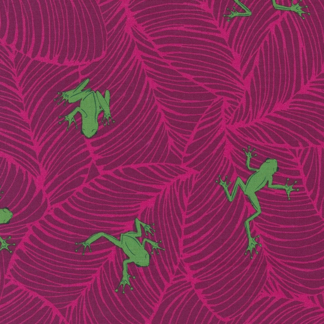 Pattern featuring green frogs on a pink leafy background.