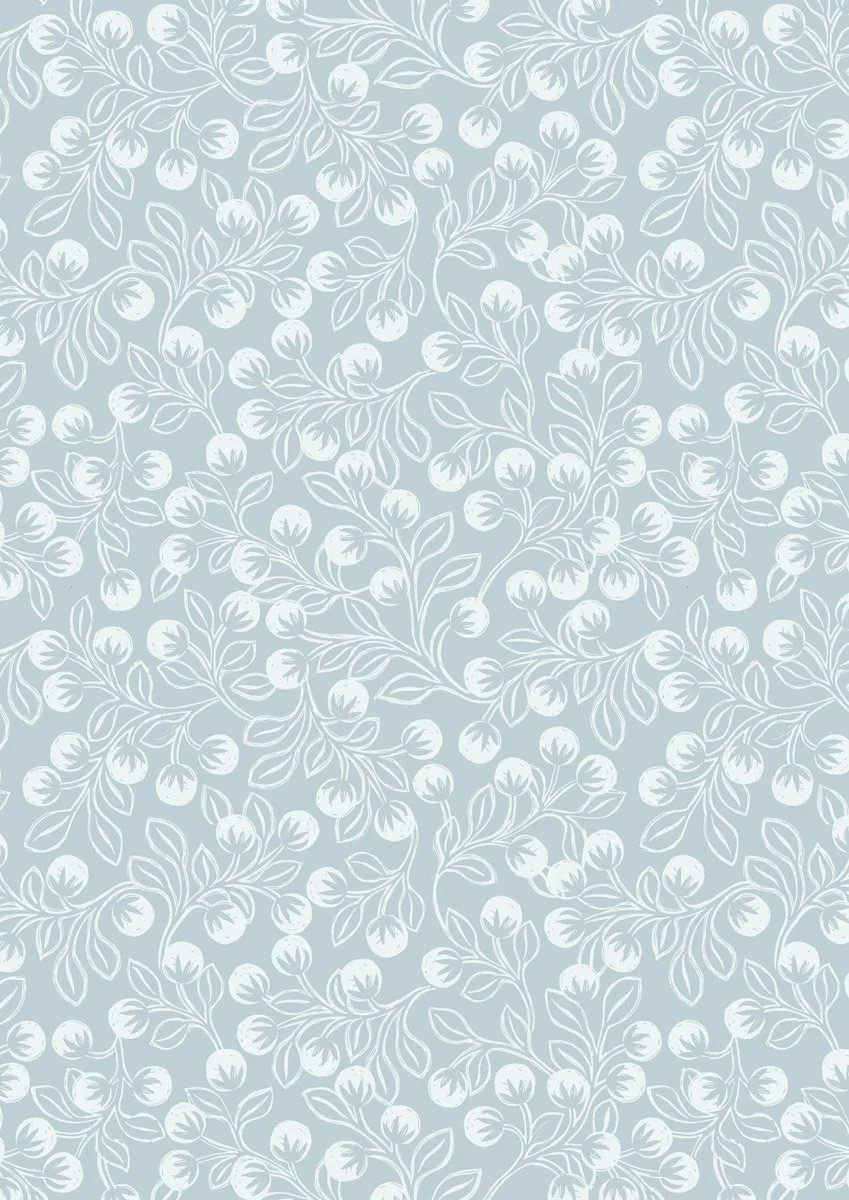 Pattern of white berries and leaves on a light gray background