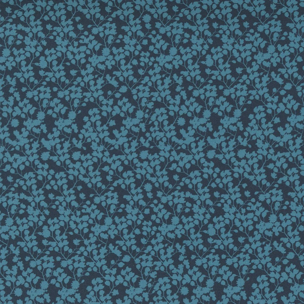Close-up of a fabric with a dense floral pattern in teal and navy blue.