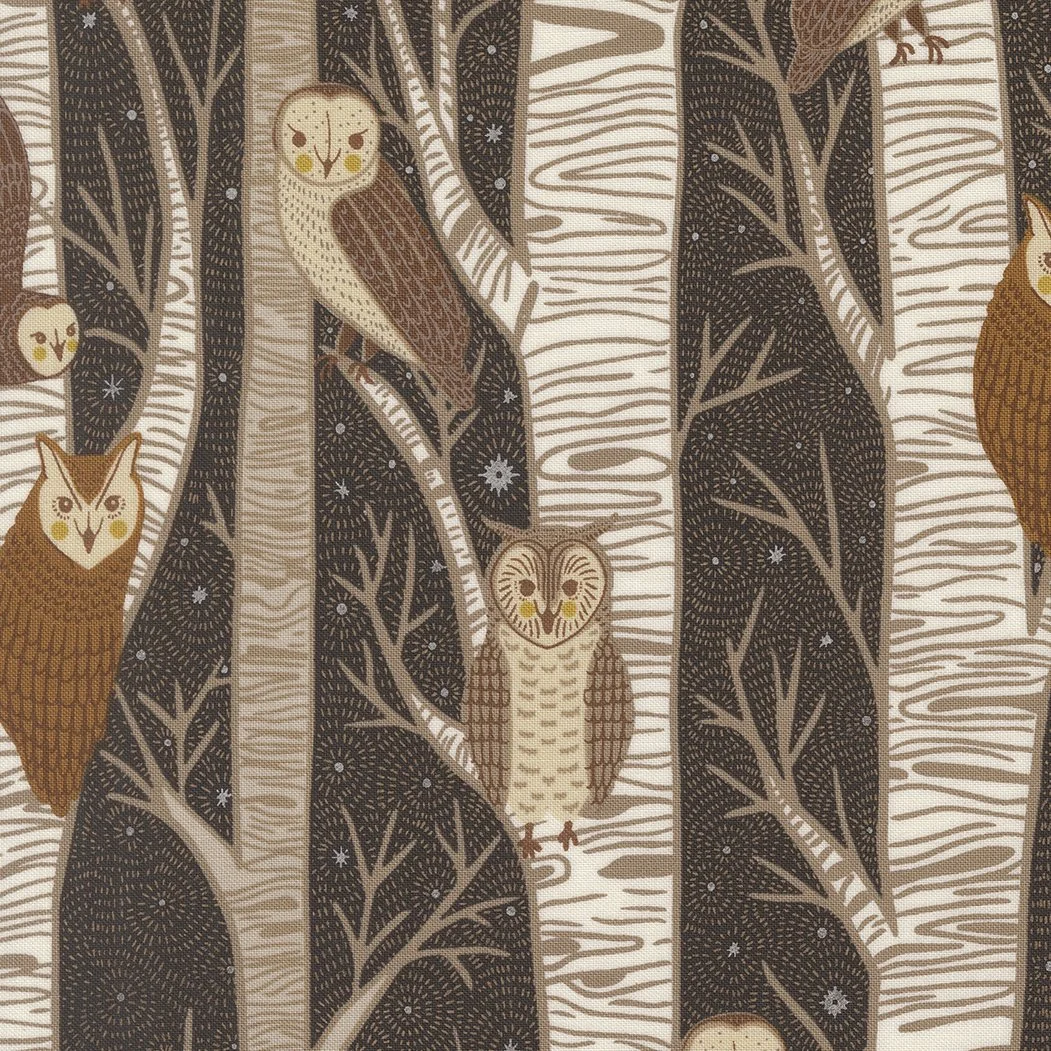 Pattern featuring owls and trees in shades of brown, beige, and white.