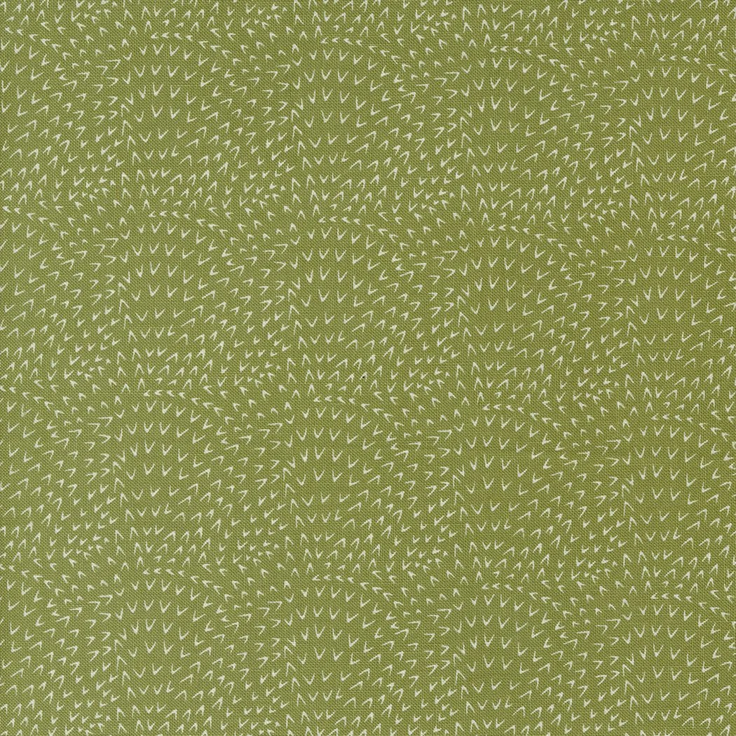 Close-up of green fabric with a white dotted, zigzag pattern.