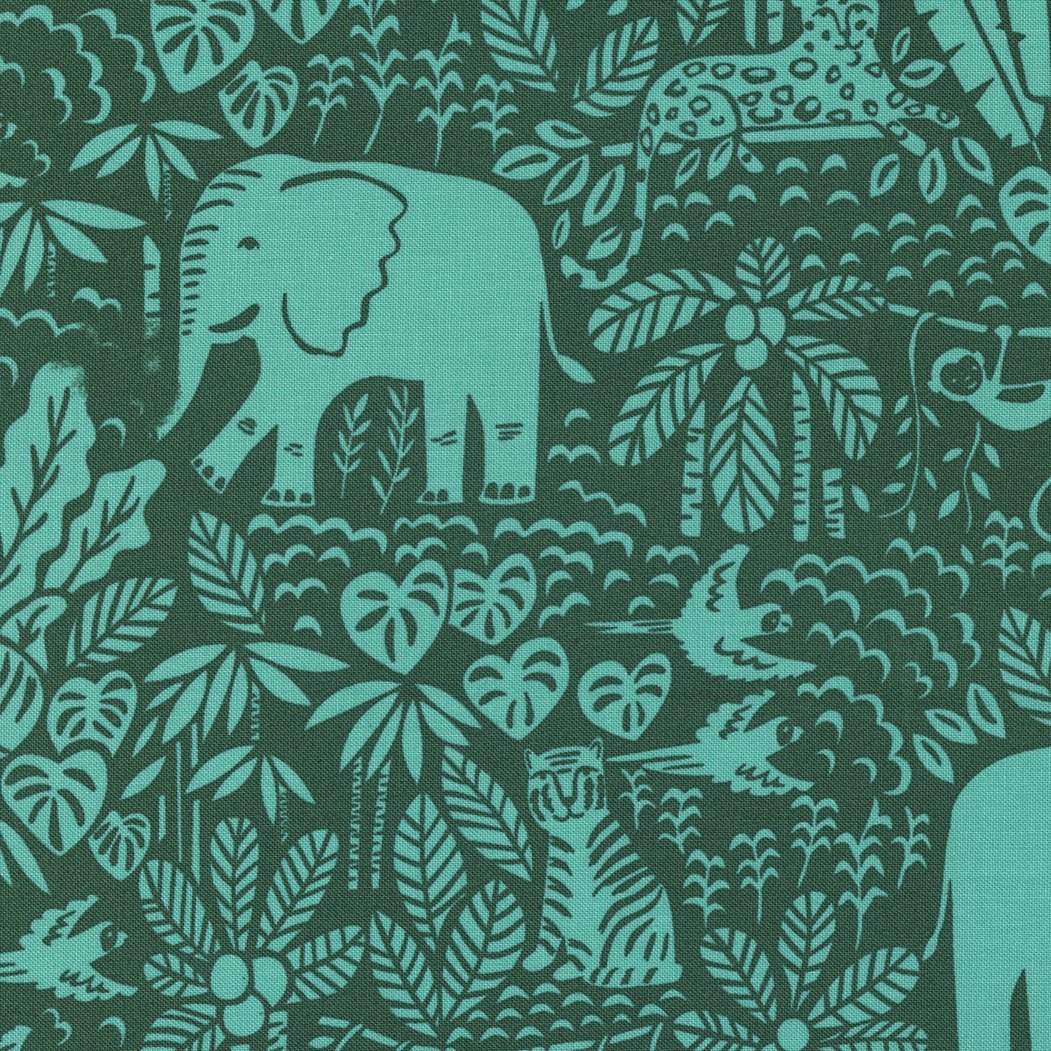 Teal background with jungle scene illustration featuring an elephant, tigers, birds, and dense tropical plants and leaves.