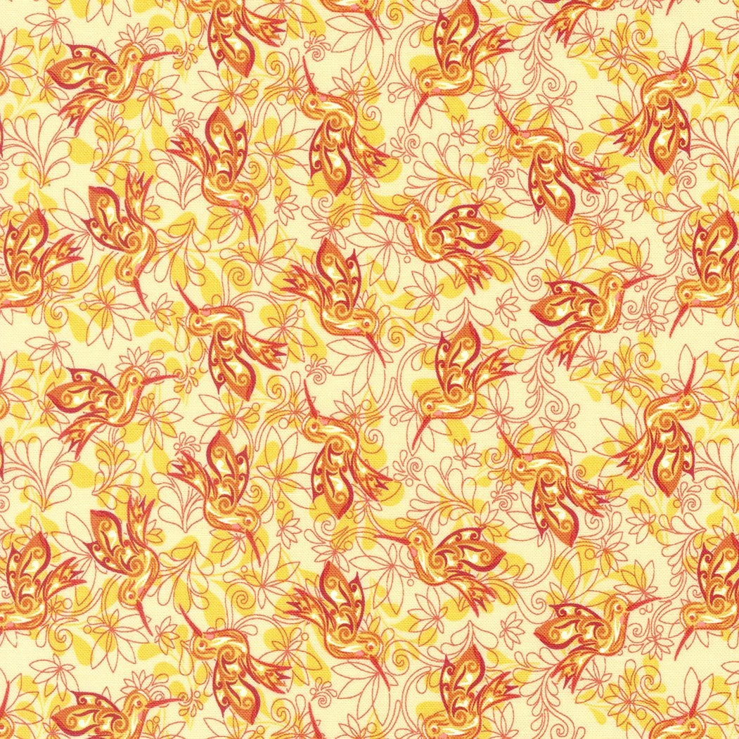 Pattern of red and orange hummingbirds and yellow leaves on a light background.