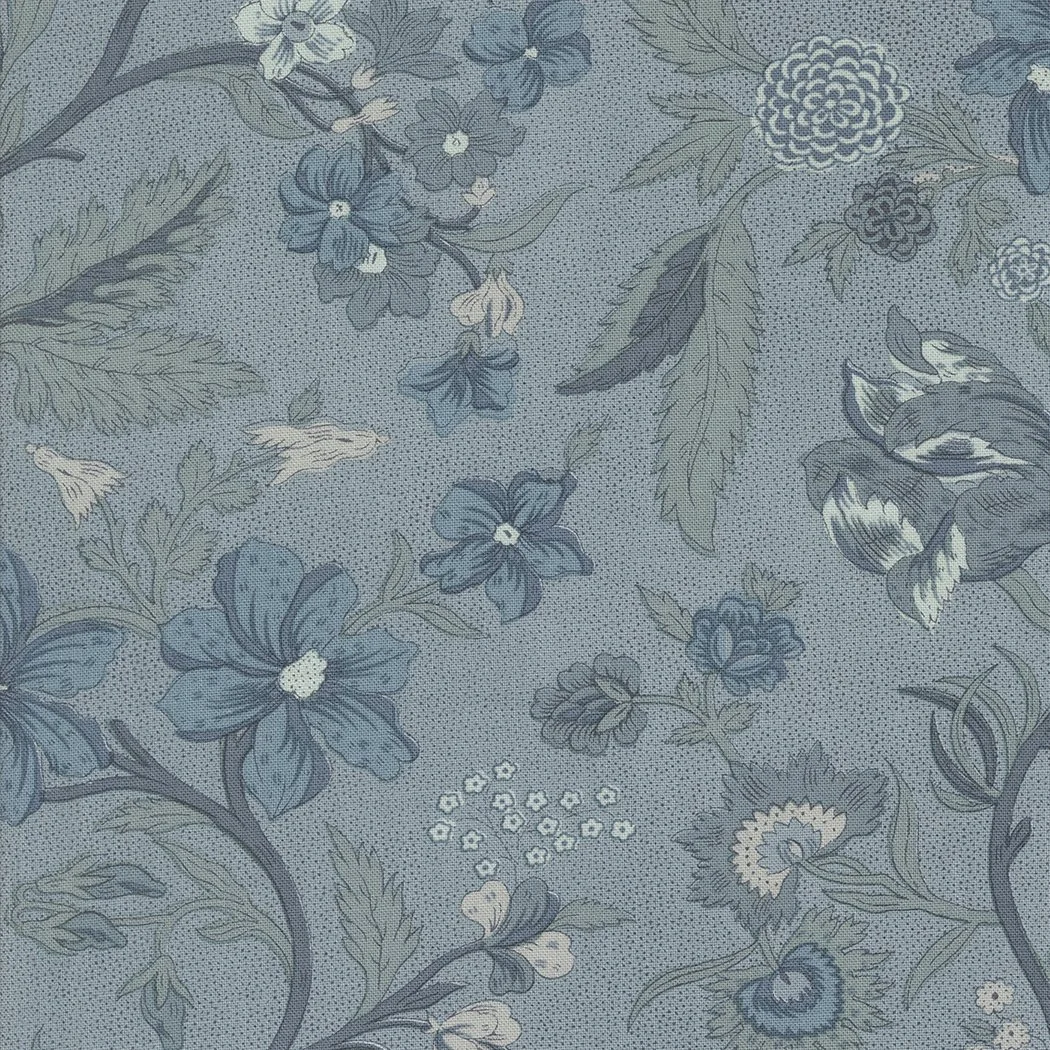 A fabric pattern featuring blue flowers, green leaves, and small white flowers on a blue background.