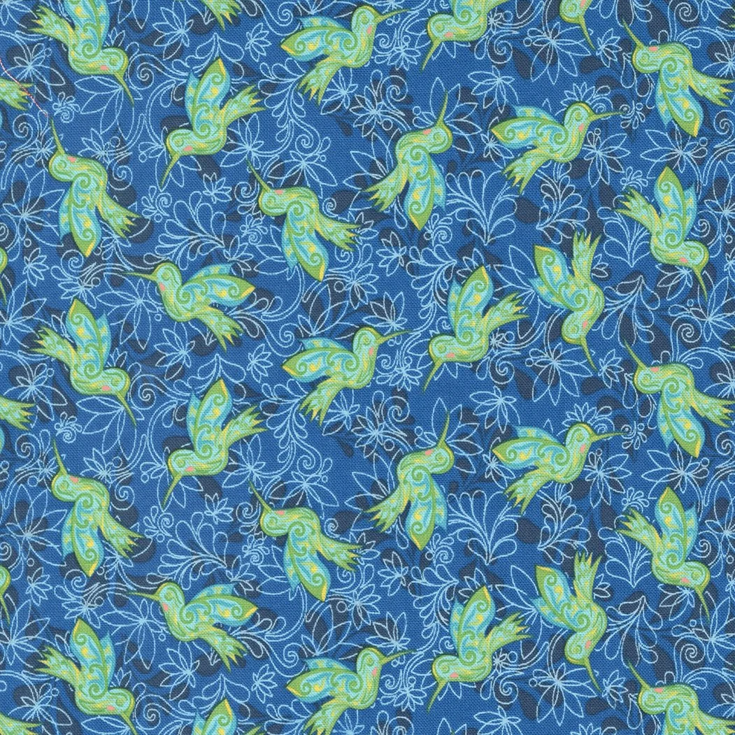 Pattern of green and blue hummingbirds with floral designs on a blue background.