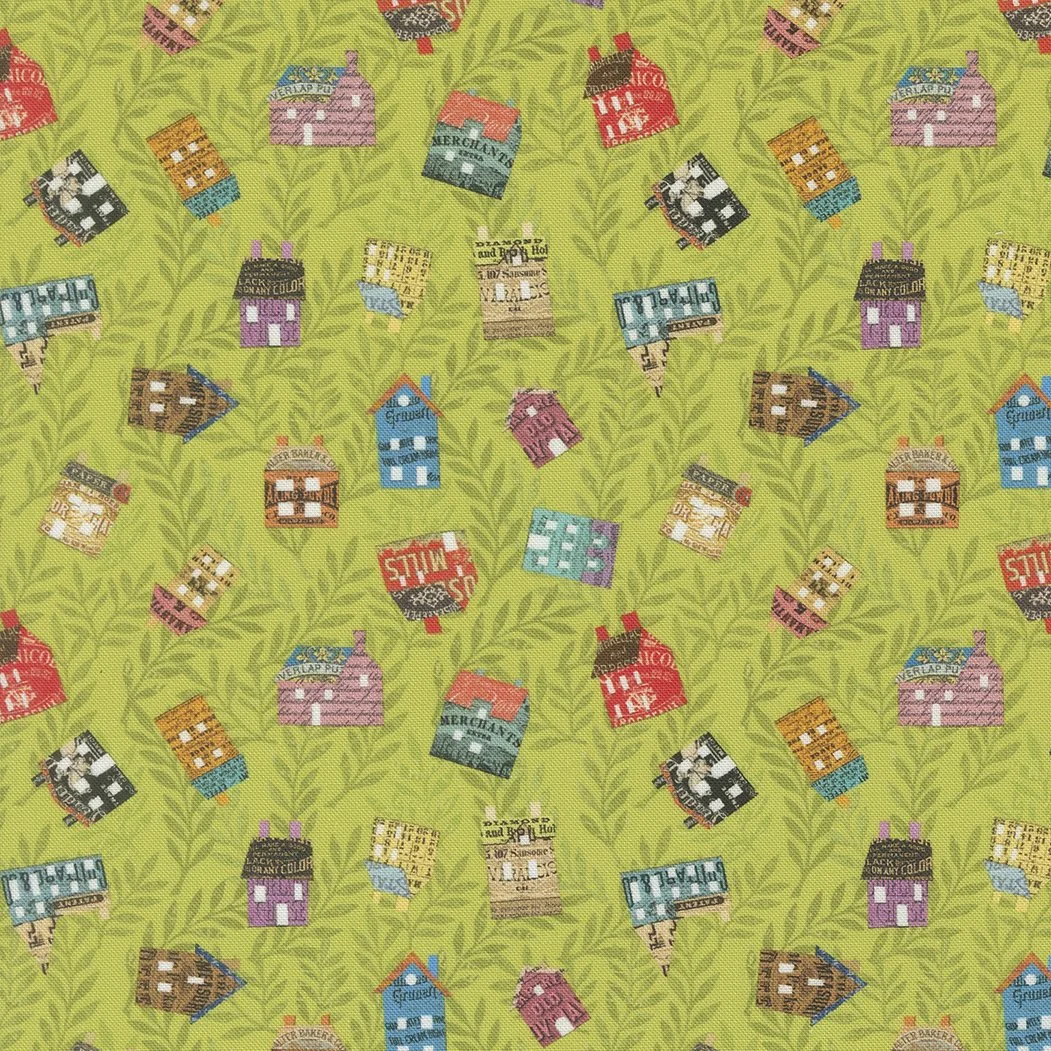 Pattern of colorful small houses on a bright green background with leaf-like designs.