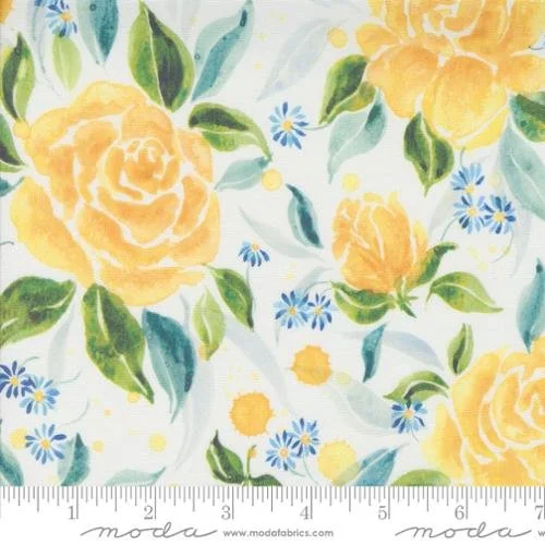 Watercolor floral pattern with yellow roses, blue daisies, and green leaves on a white background.