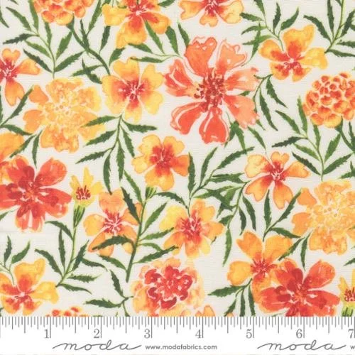 Pattern of orange and yellow flowers with green leaves on white background.