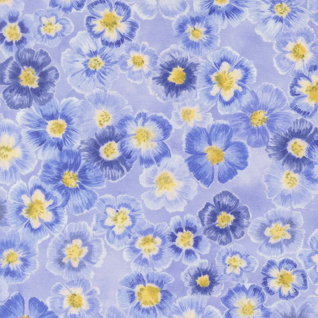 Light purple fabric with a pattern of blue and yellow flowers.