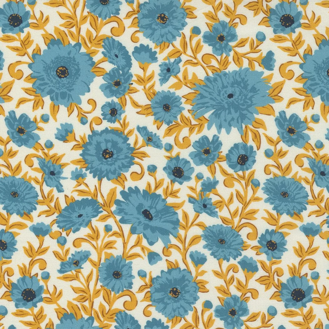 A fabric pattern with blue flowers and yellow leaves on a white background.