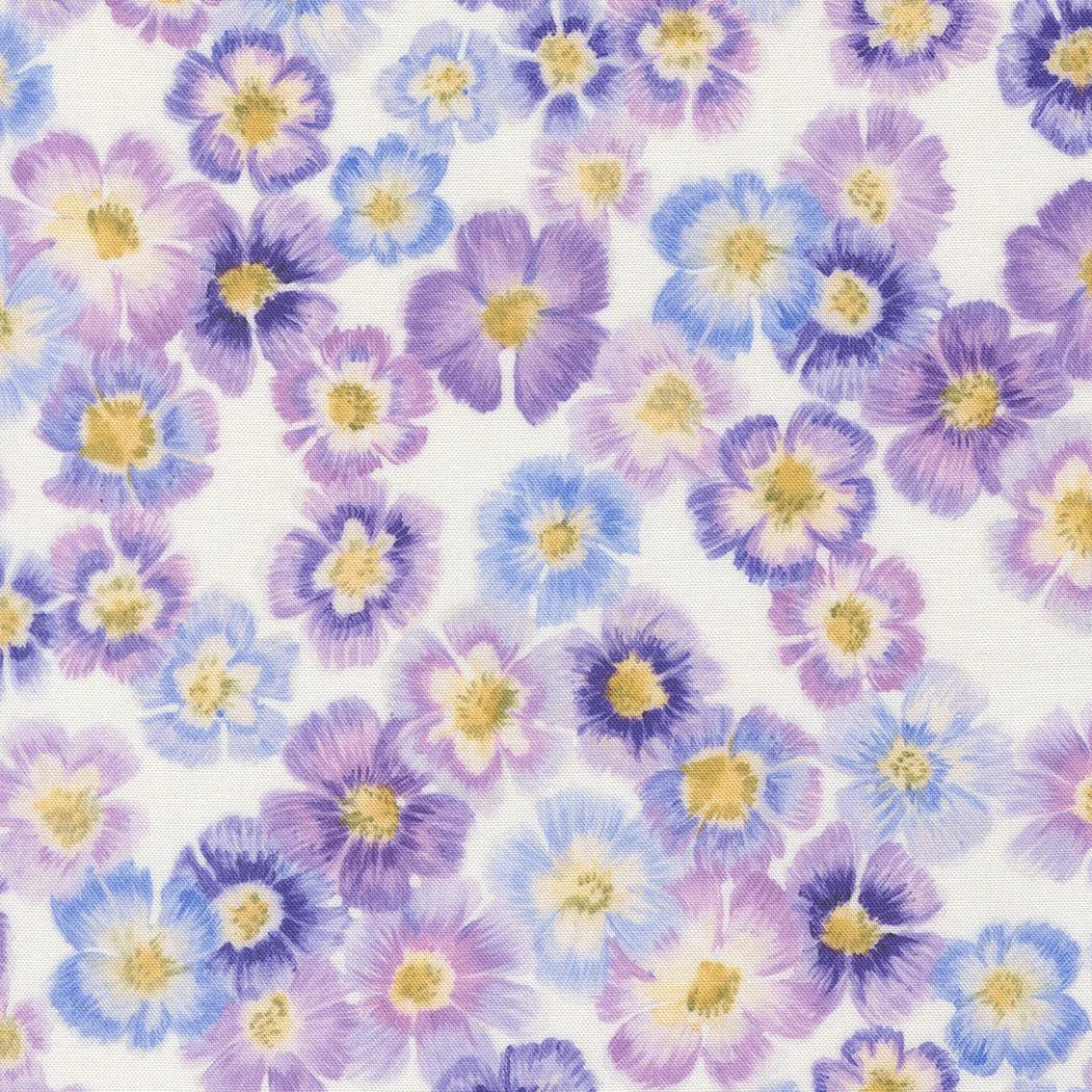 Watercolor painting of purple, pink, and blue flowers on a white background.