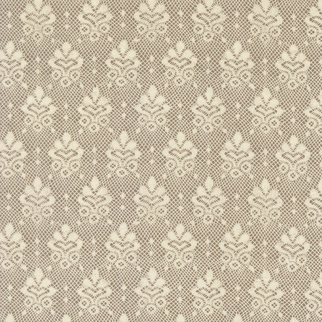 Close-up of intricate beige lace fabric with floral and geometric patterns.