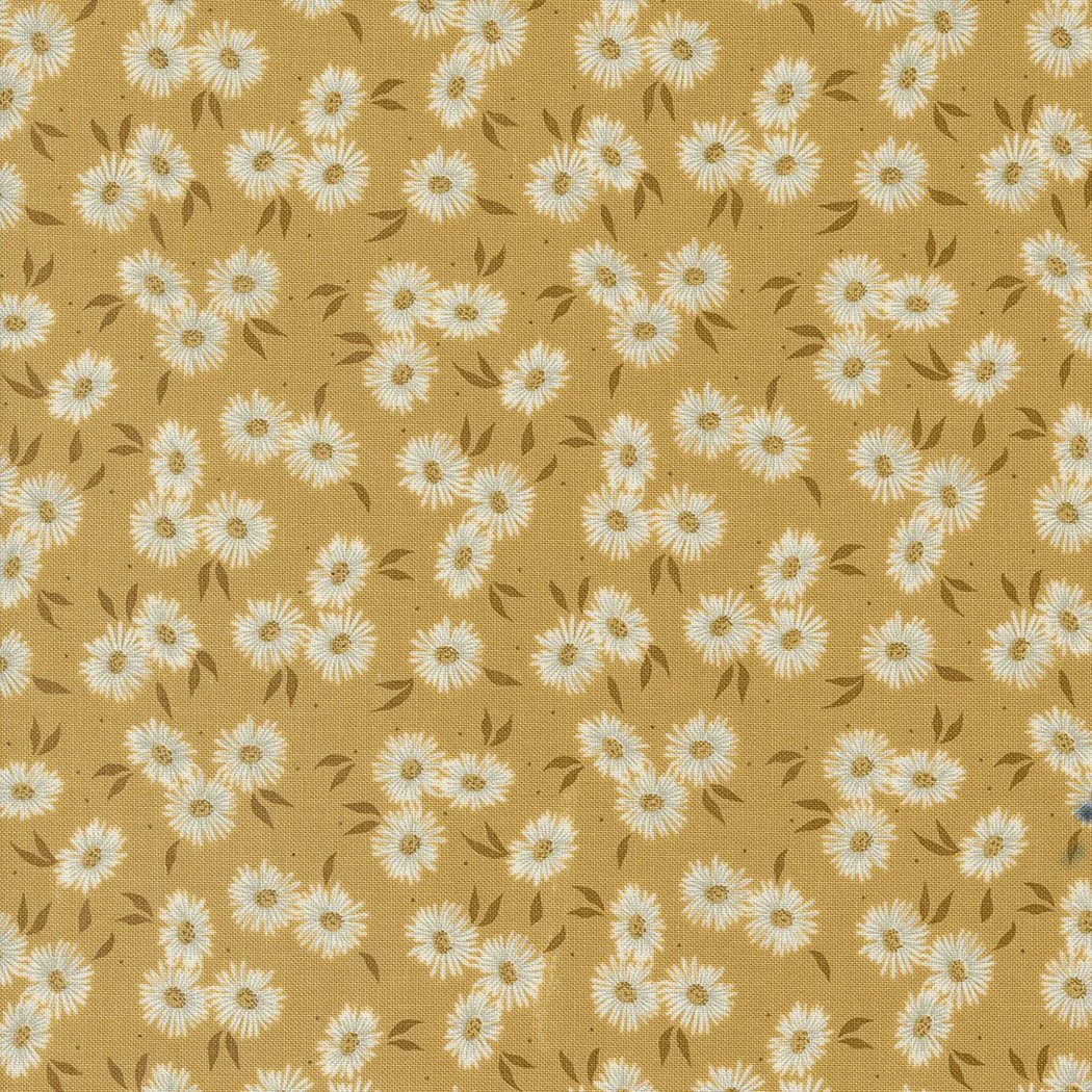 A fabric pattern with white daisies and brown leaves on a yellow background.