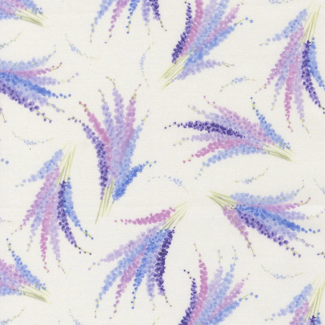 Watercolor-style floral pattern with pink, purple, blue, and green abstract flowers on a light background.