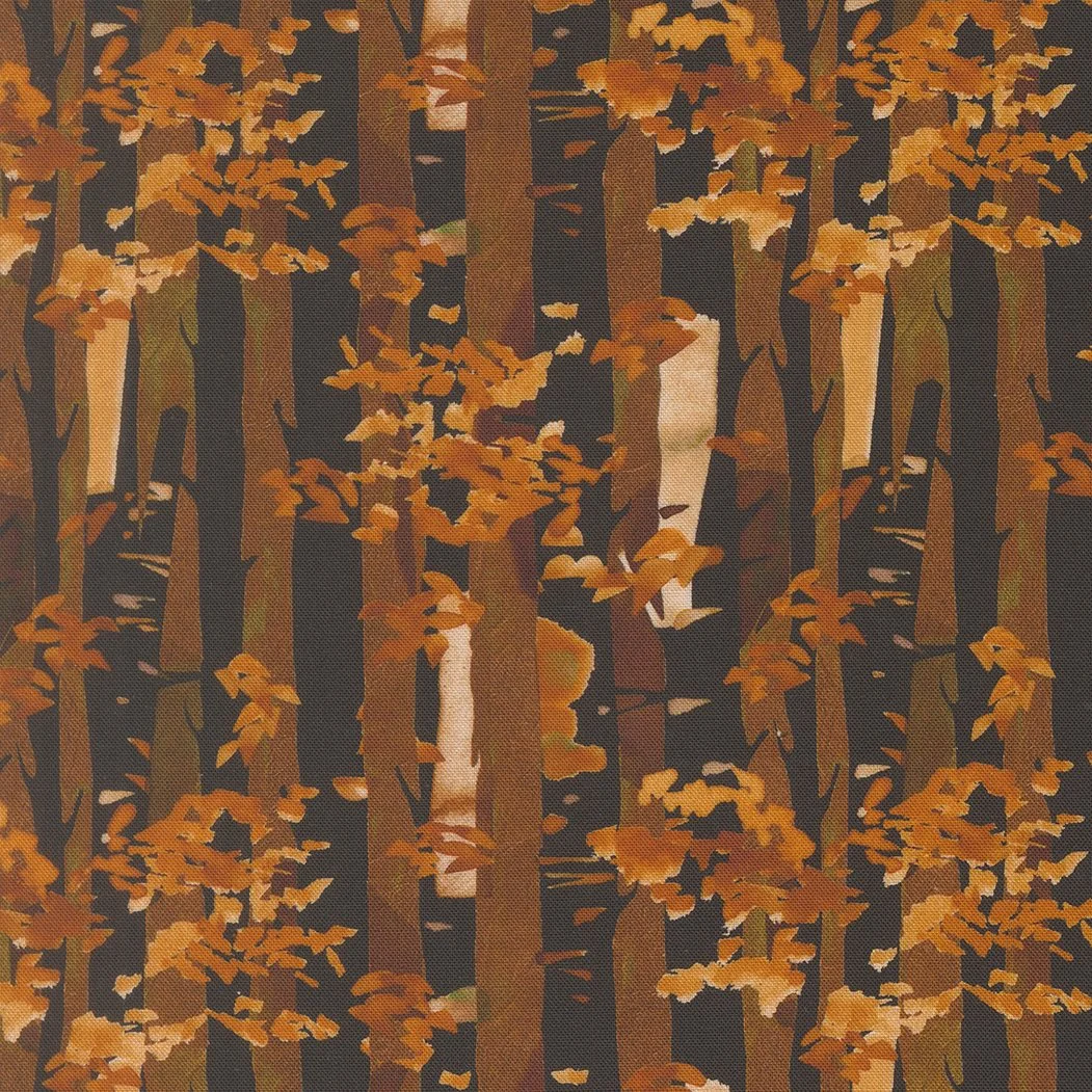 An artistic depiction of a forest with trees and orange autumn leaves.