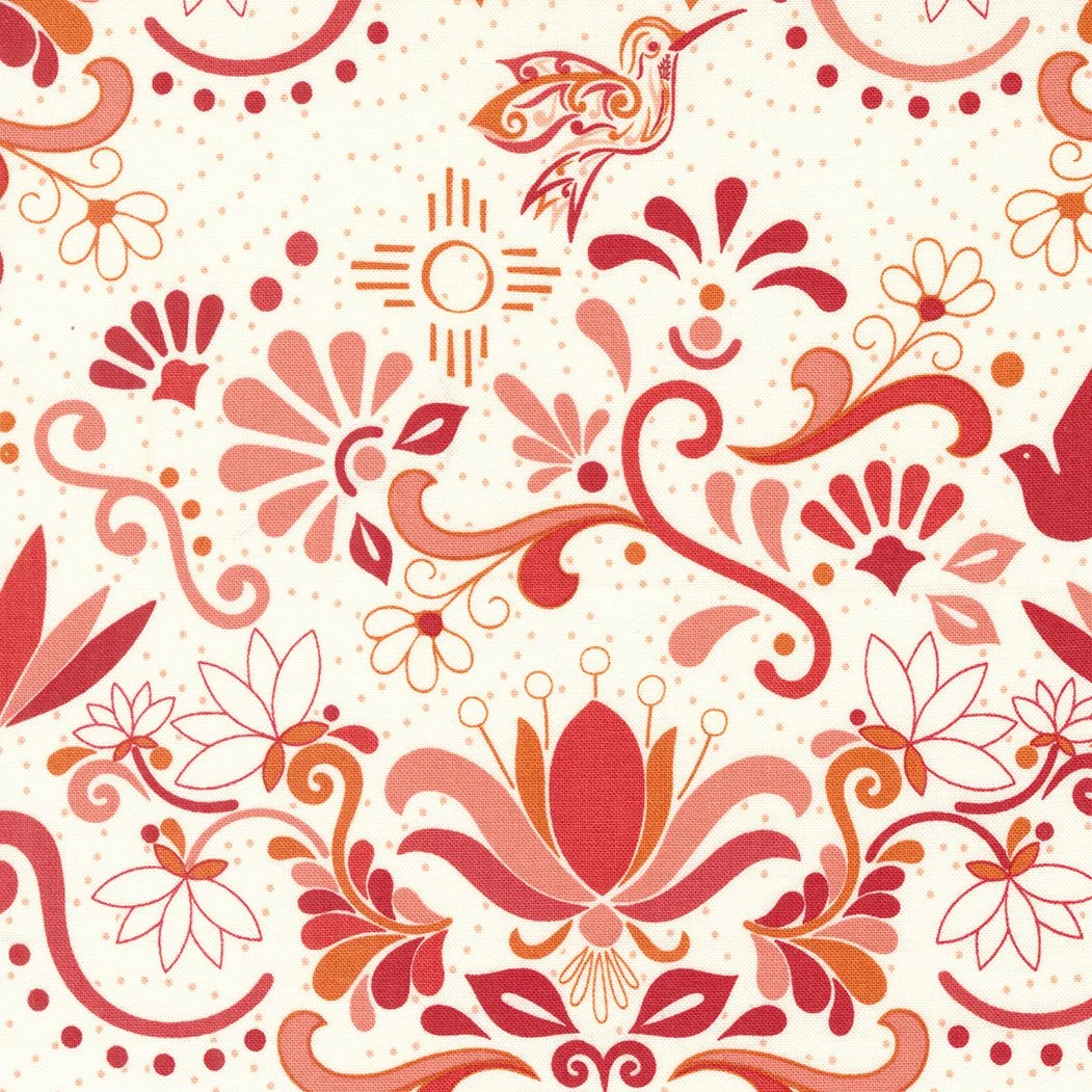 A decorative pattern featuring a stylized hummingbird, various flowers, leaves, swirls, and a central lotus motif in shades of red, orange, pink, and cream.