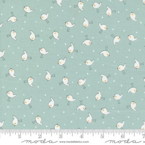 Pattern of white cartoon birds with orange beaks and legs on a teal background with small white snowflakes.