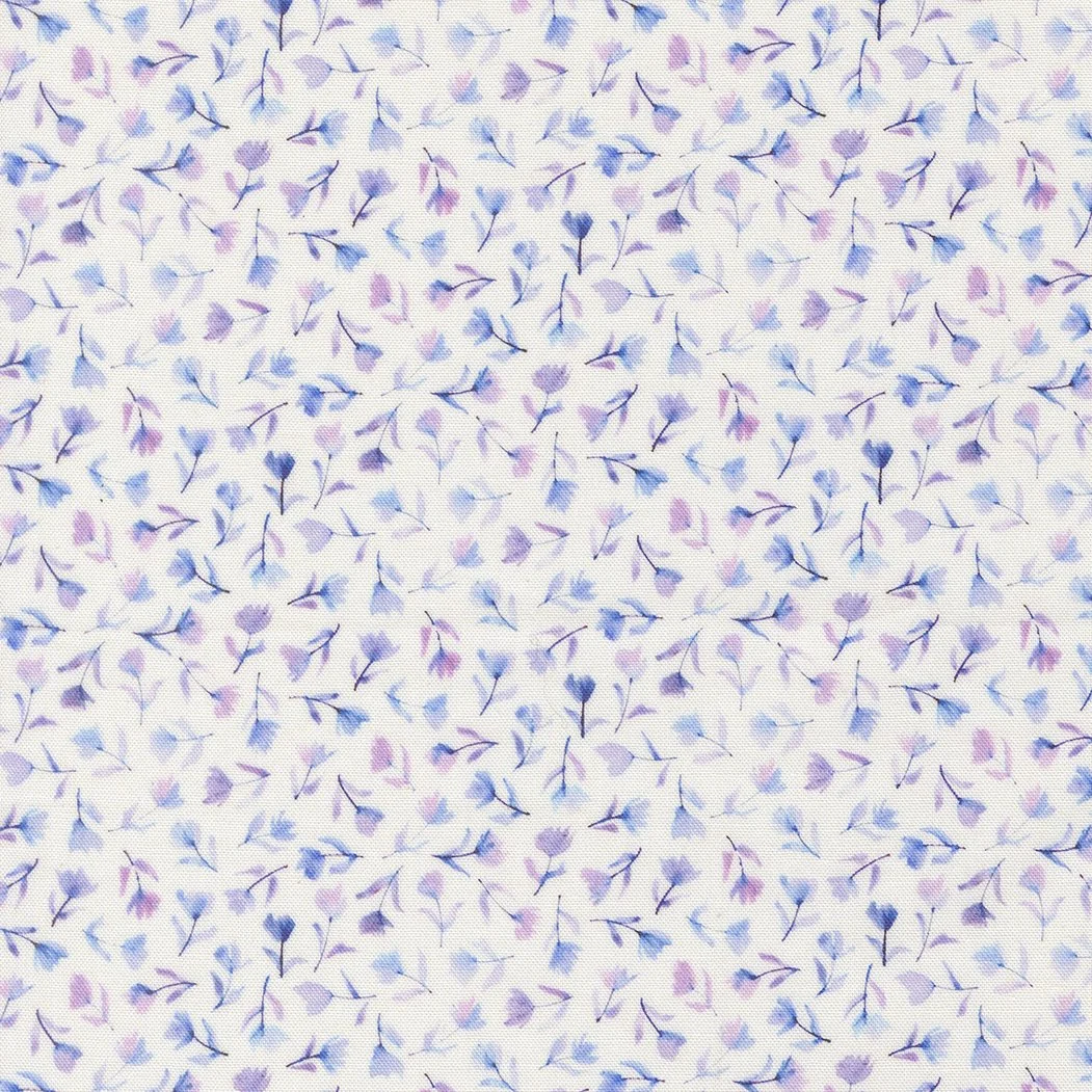 A fabric with small, scattered floral patterns in shades of blue, purple, and pink on a white background.