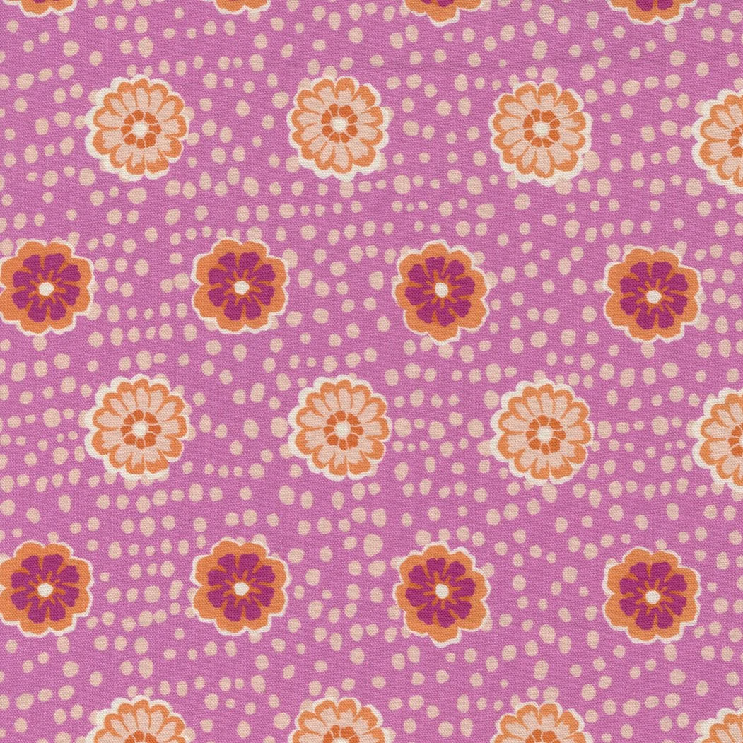 Pattern of pink, orange, and purple flowers on a pink background with white dots.