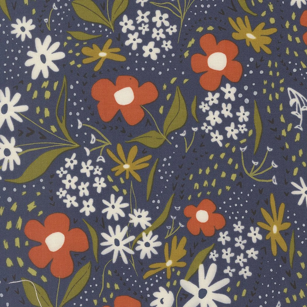 Fabric with a floral pattern featuring red, white, and yellow flowers with green leaves on a dark blue background.