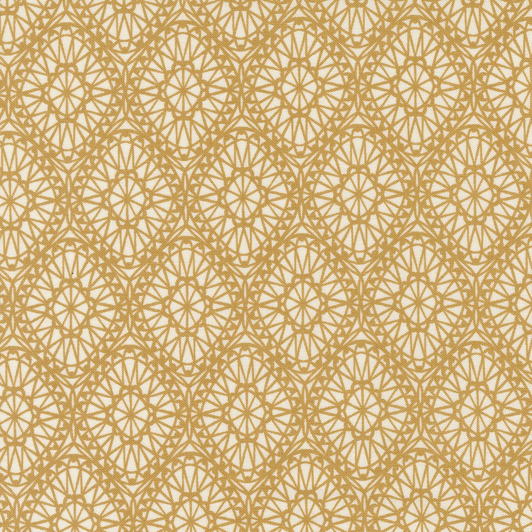 Golden geometric pattern with interconnected circular and star shapes on a light background.