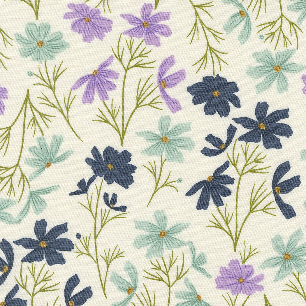Pattern of light purple, dark blue, and light teal flowers with green stems on a cream background.