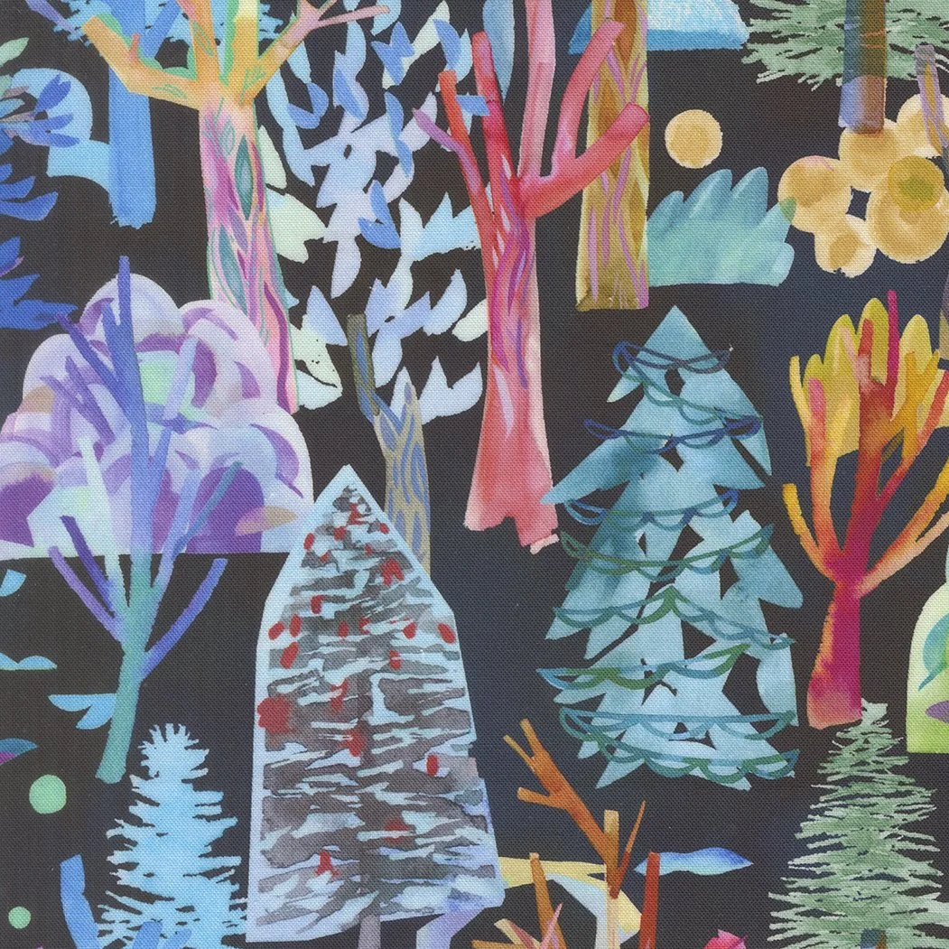 Colorful abstract depiction of various stylized trees and plants on a black background.