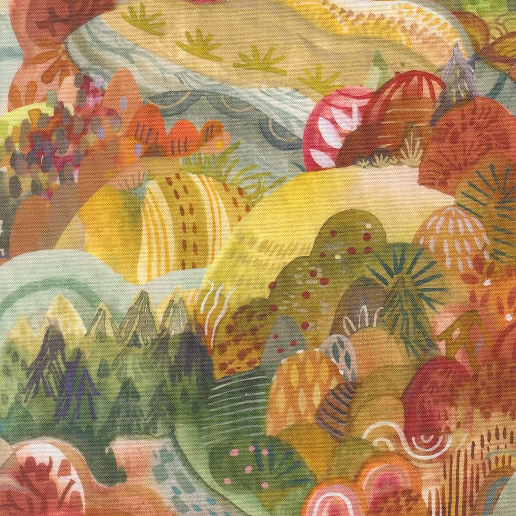 Abstract colorful landscape painting with stylized mountains, trees, and hills in shades of green, yellow, orange, red, and purple.