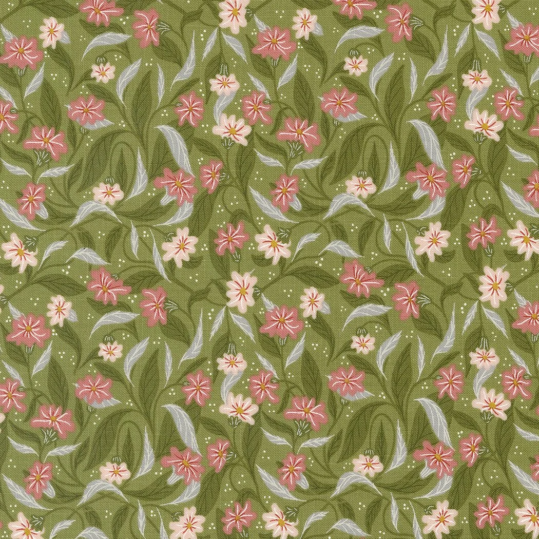 A floral pattern fabric with pink and cream flowers and grayish-green leaves on an olive green background.