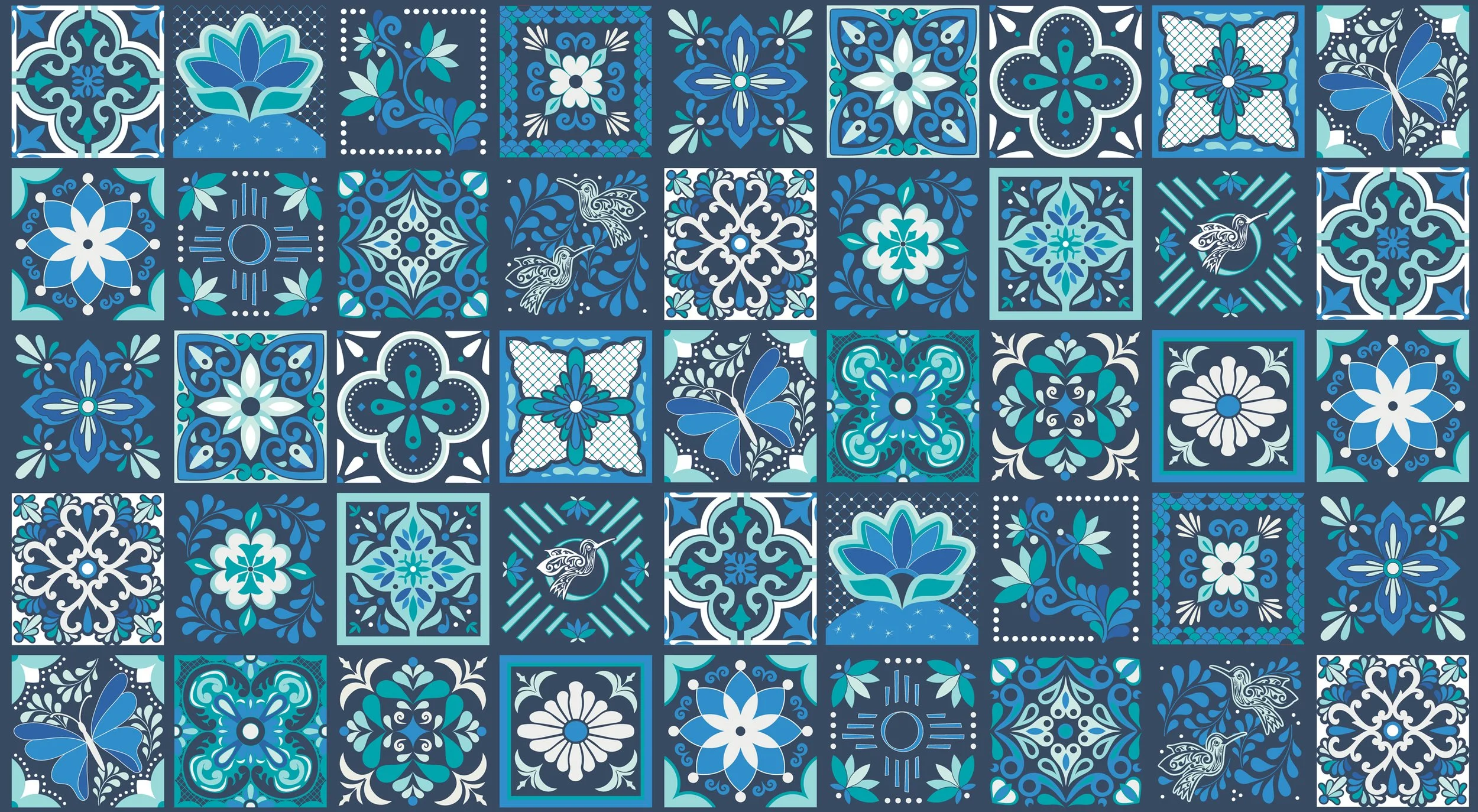 A colorful mosaic pattern composed of various square tiles with blue, white, and teal intricate floral and geometric designs, including butterflies, hummingbirds, and symmetrical motifs.