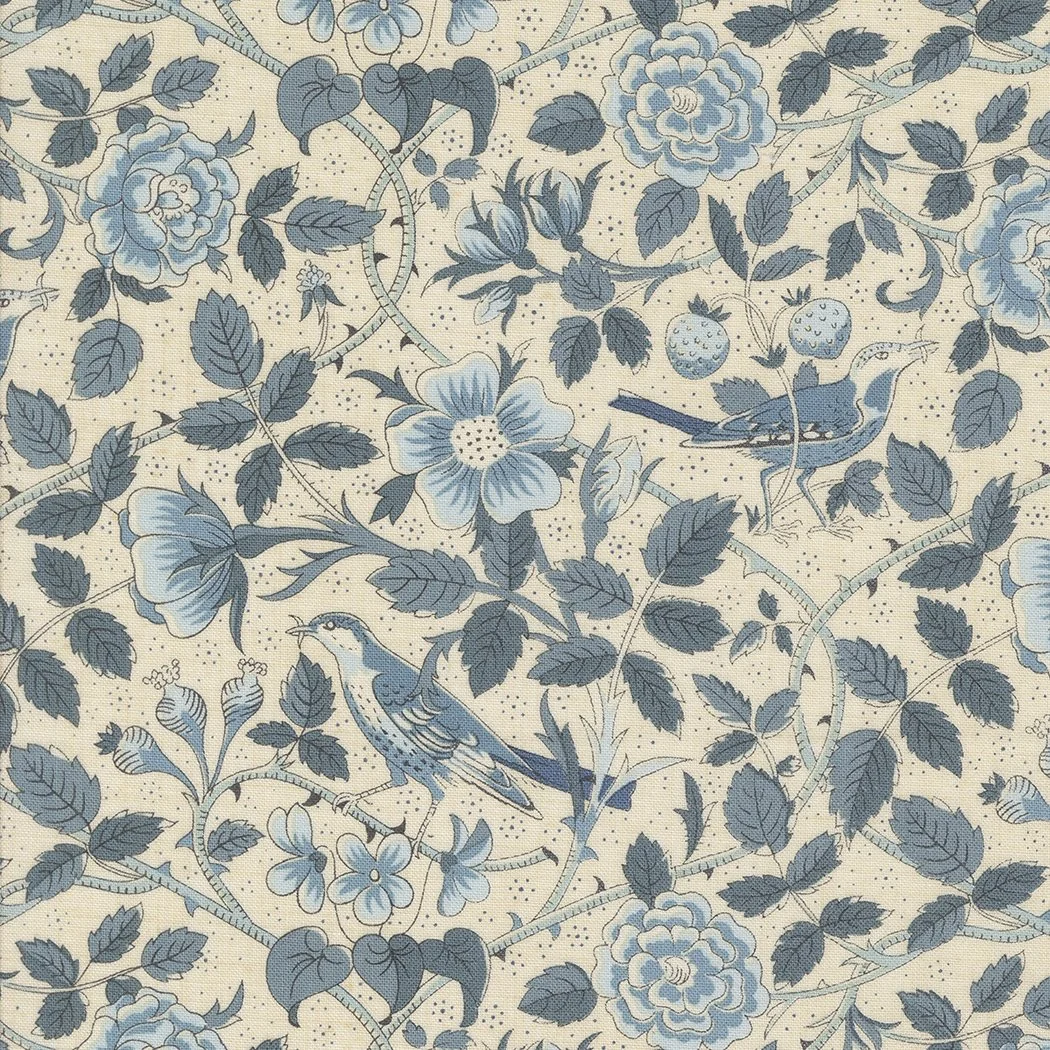 Pattern of blue and white floral design with birds and strawberries on a beige background.