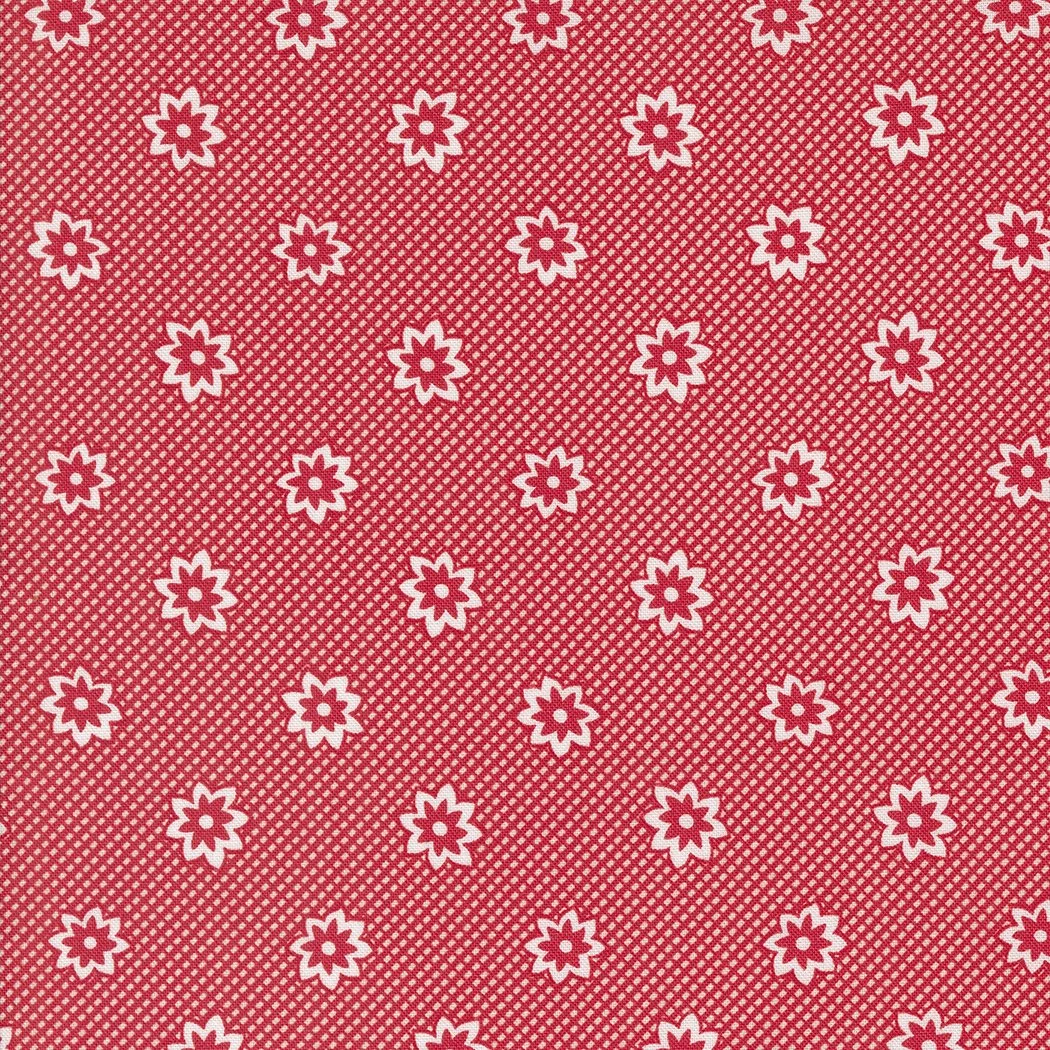 Red background with small white flowers and a dotted pattern.