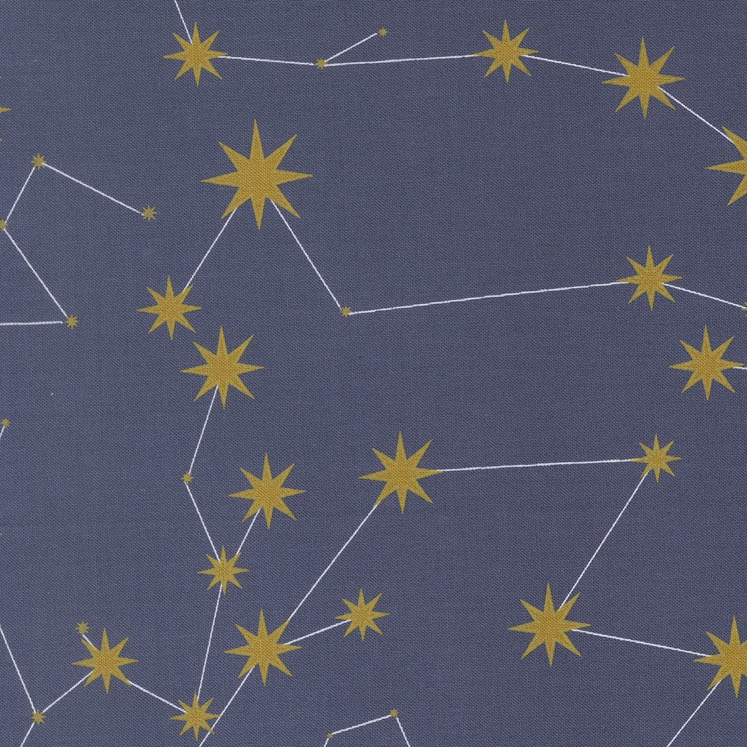 A pattern of yellow stars connected by white lines on a dark blue background.