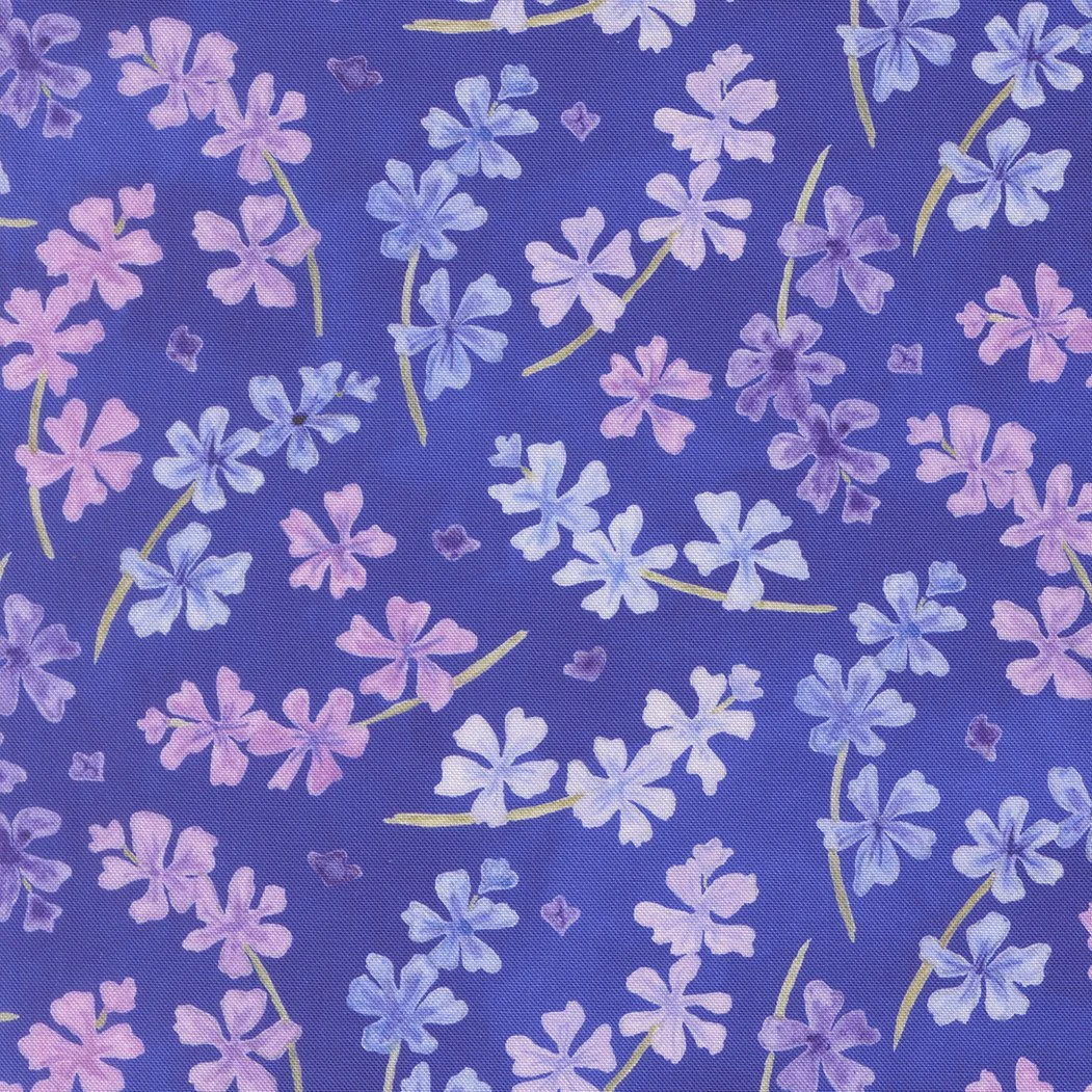 Pattern of pink and purple flowers scattered on a blue background.