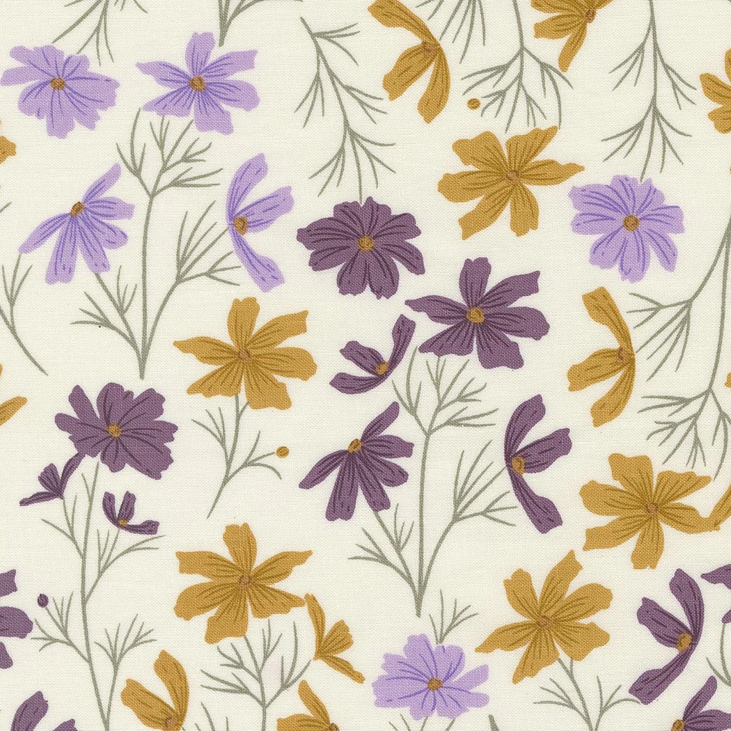 A floral pattern with purple and orange flowers and green leaves on a white background.