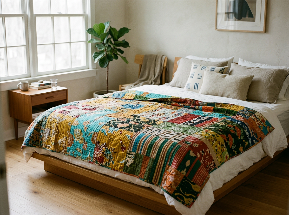 A neatly made bed in a cozy bedroom with beige and white bedding, a colorful quilt, several pillows, a wooden nightstand with a mug, books, and a glass of water, a large green plant, and a window with white frames, letting in natural light.
