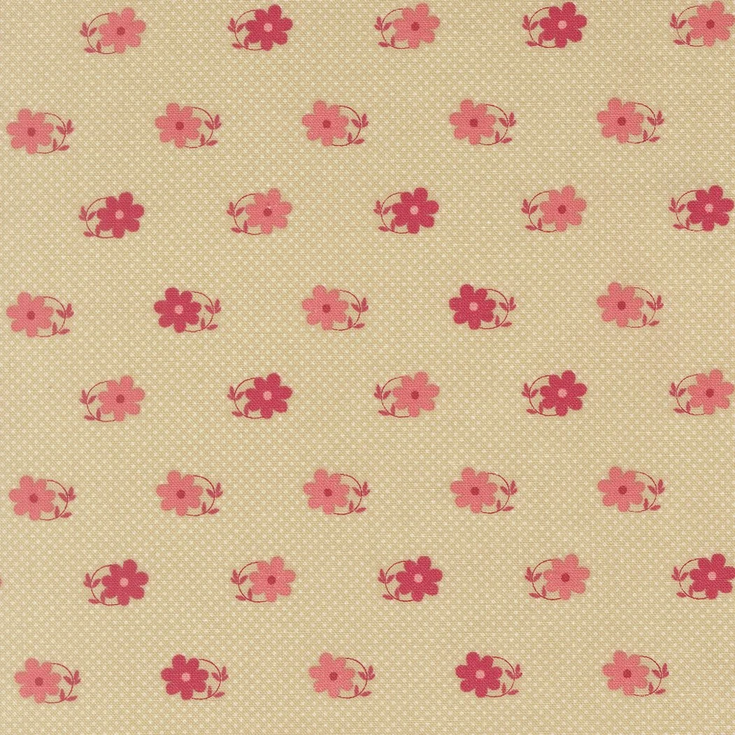 Pattern of pink flowers with green leaves on a beige background.