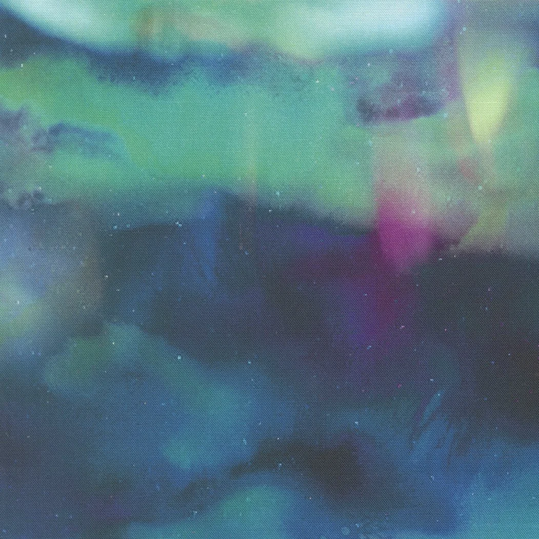 Abstract colorful background with shades of blue, green, purple, and hints of pink, resembling a cosmic or watercolor effect.