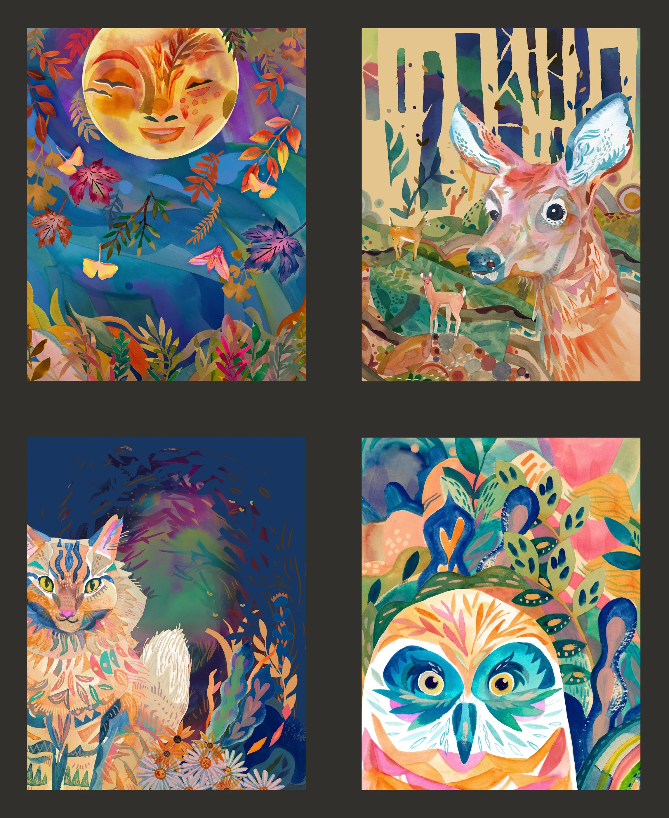 Four colorful watercolor illustrations of animals and nature scenes. Top left: a smiling moon face with foliage and flowers. Top right: a deer with a forest background. Bottom left: an owl surrounded by colorful leaves. Bottom right: a vibrant owl wi
