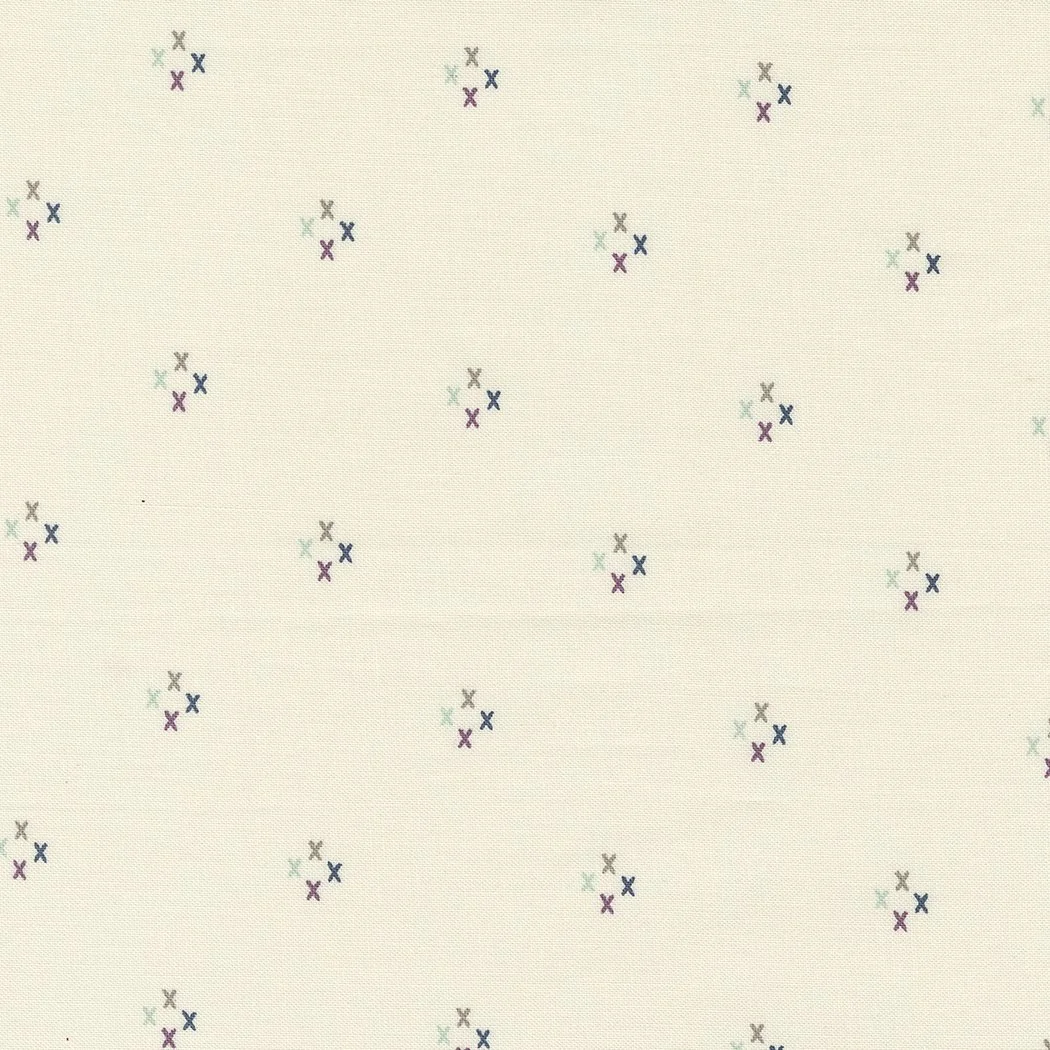 A pattern with small clusters of pastel-colored 'X' marks on a light beige background.
