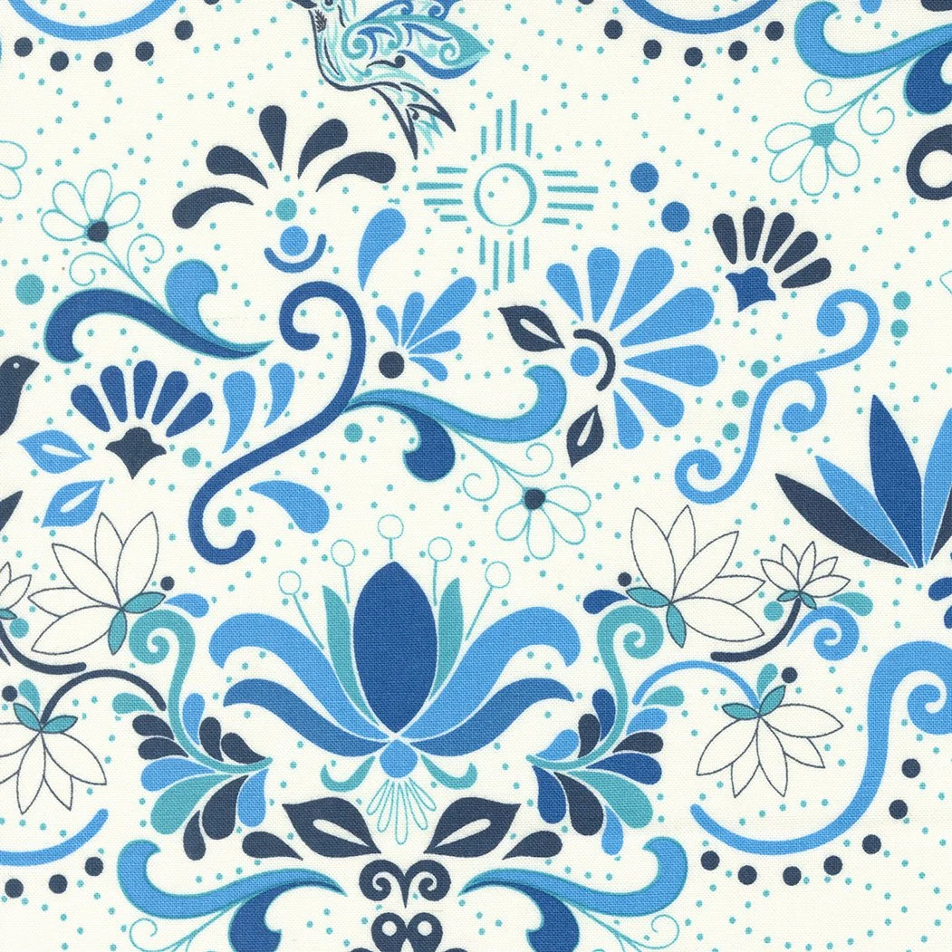 Blue and white floral patterned design with various flowers, swirls, and abstract elements.